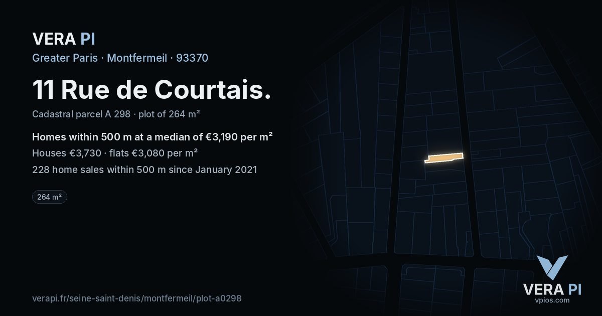 11 Rue de Courtais, Montfermeil at night – the plot lit, the parcels around coloured by the prices near them