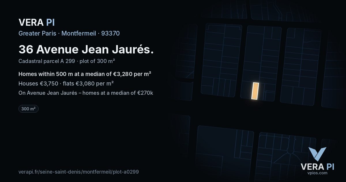 36 Avenue Jean Jaurés, Montfermeil at night – the plot lit, the parcels around coloured by the prices near them