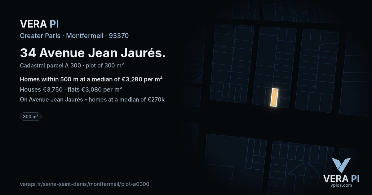 34 Avenue Jean Jaurés, Montfermeil at night – the plot lit, the parcels around coloured by the prices near them