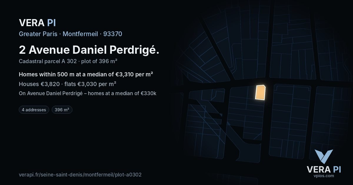 2 Avenue Daniel Perdrigé, Montfermeil at night – the plot lit, the parcels around coloured by the prices near them