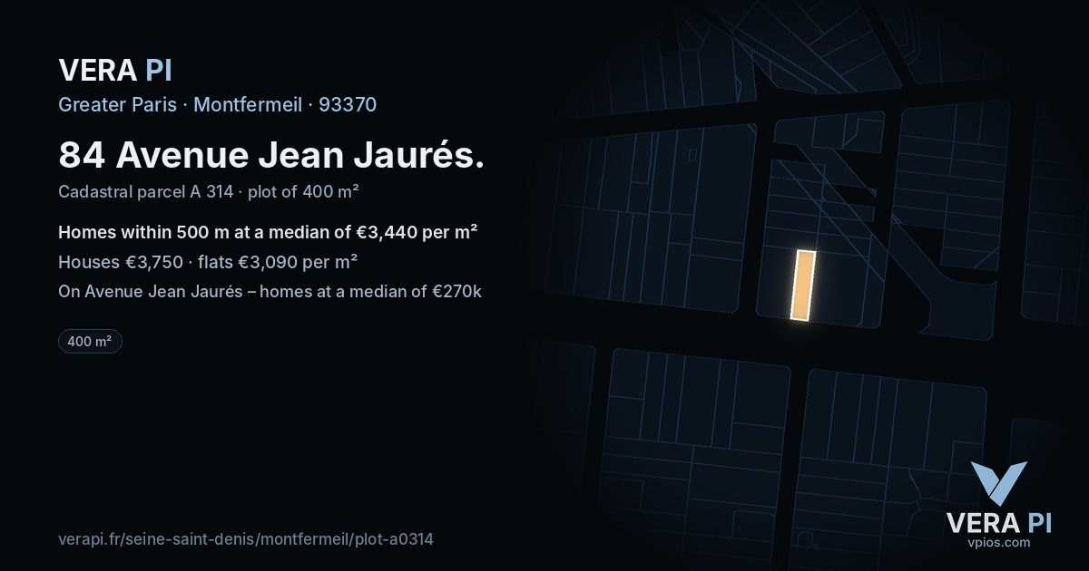84 Avenue Jean Jaurés, Montfermeil at night – the plot lit, the parcels around coloured by the prices near them