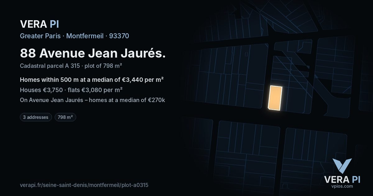 88 Avenue Jean Jaurés, Montfermeil at night – the plot lit, the parcels around coloured by the prices near them