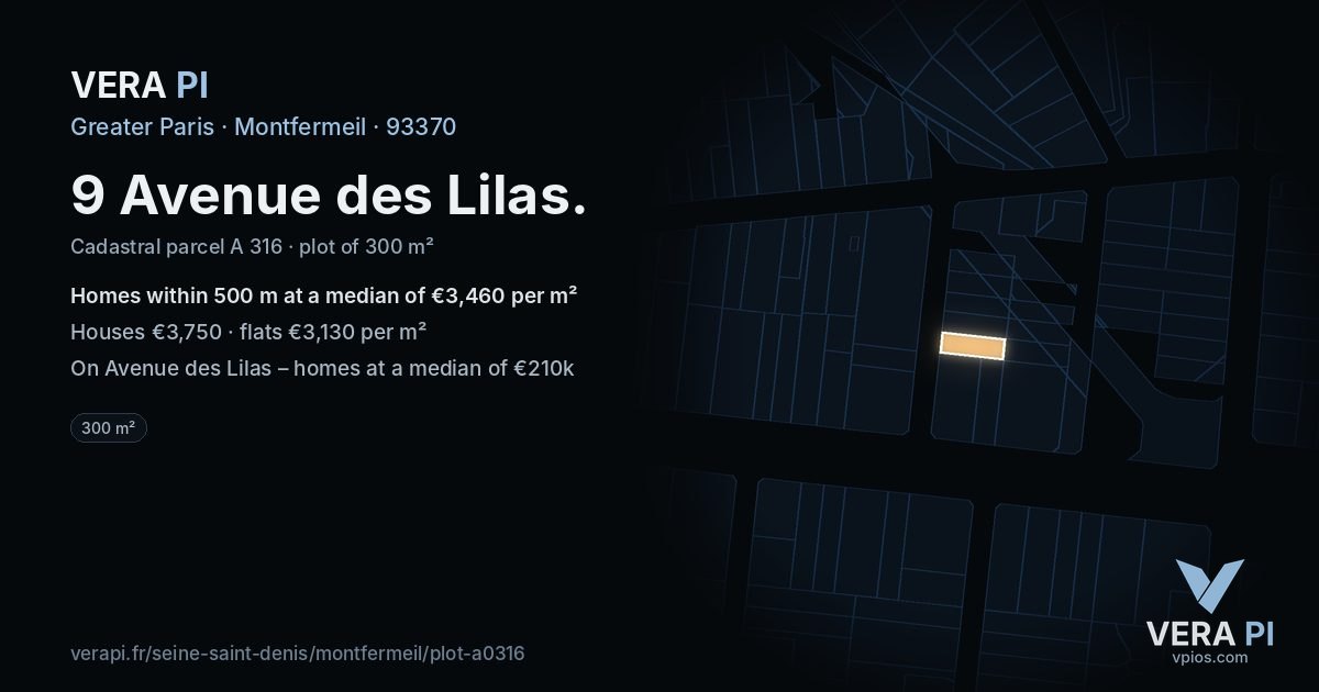 9 Avenue des Lilas, Montfermeil at night – the plot lit, the parcels around coloured by the prices near them