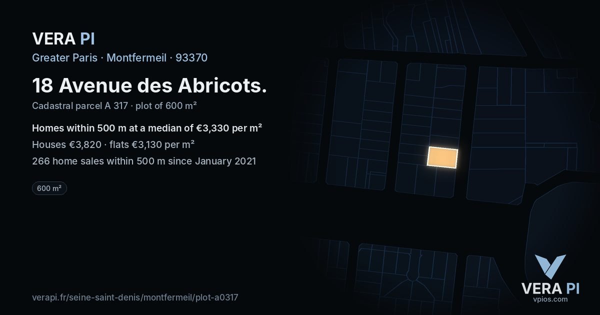 18 Avenue des Abricots, Montfermeil at night – the plot lit, the parcels around coloured by the prices near them