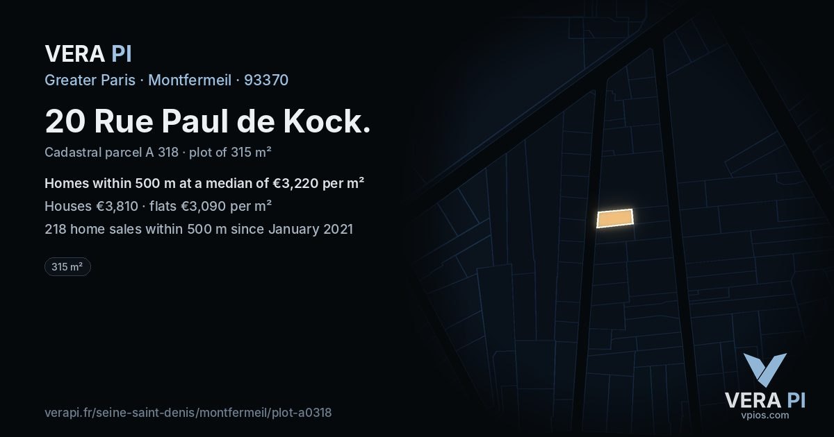 20 Rue Paul de Kock, Montfermeil at night – the plot lit, the parcels around coloured by the prices near them