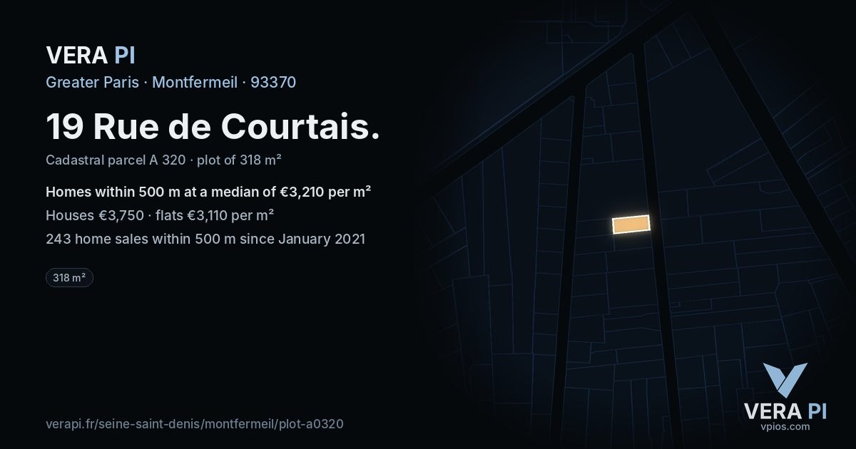 19 Rue de Courtais, Montfermeil at night – the plot lit, the parcels around coloured by the prices near them