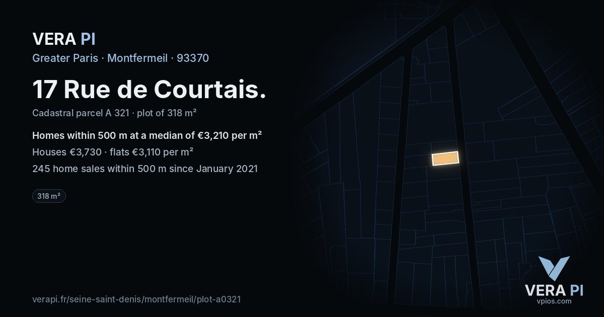 17 Rue de Courtais, Montfermeil at night – the plot lit, the parcels around coloured by the prices near them