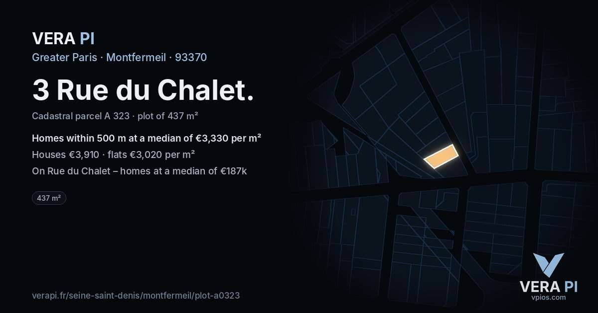 3 Rue du Chalet, Montfermeil at night – the plot lit, the parcels around coloured by the prices near them