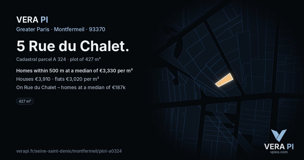5 Rue du Chalet, Montfermeil at night – the plot lit, the parcels around coloured by the prices near them