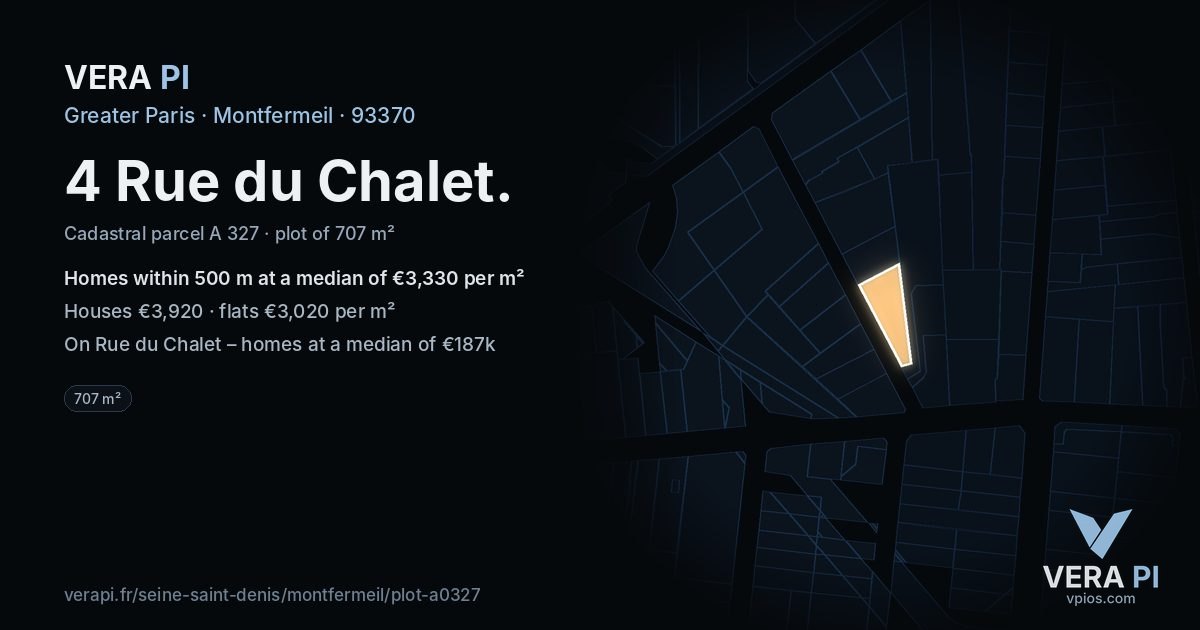 4 Rue du Chalet, Montfermeil at night – the plot lit, the parcels around coloured by the prices near them