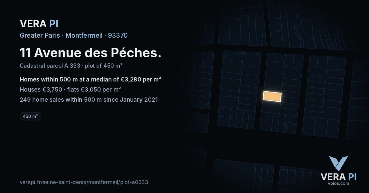 11 Avenue des Péches, Montfermeil at night – the plot lit, the parcels around coloured by the prices near them