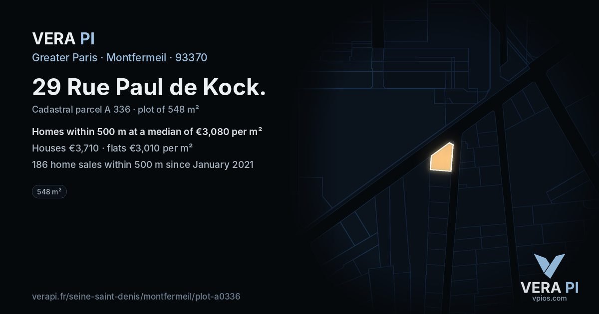 29 Rue Paul de Kock, Montfermeil at night – the plot lit, the parcels around coloured by the prices near them