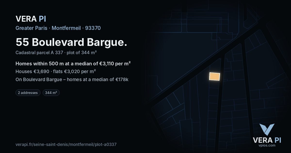55 Boulevard Bargue, Montfermeil at night – the plot lit, the parcels around coloured by the prices near them