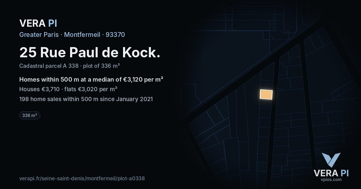 25 Rue Paul de Kock, Montfermeil at night – the plot lit, the parcels around coloured by the prices near them