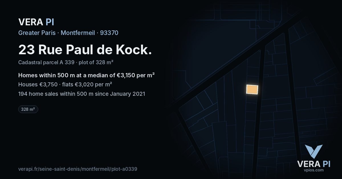23 Rue Paul de Kock, Montfermeil at night – the plot lit, the parcels around coloured by the prices near them