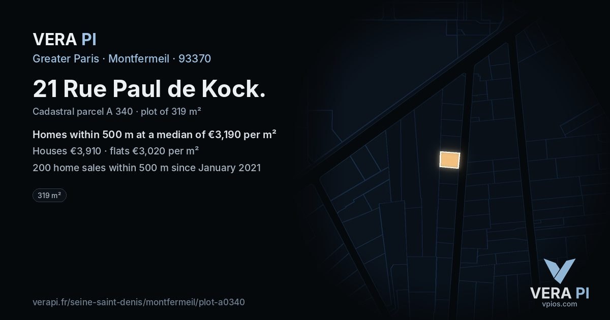 21 Rue Paul de Kock, Montfermeil at night – the plot lit, the parcels around coloured by the prices near them