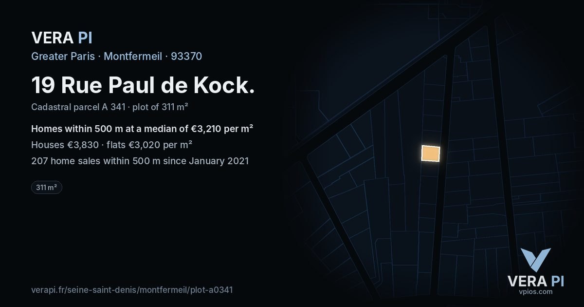19 Rue Paul de Kock, Montfermeil at night – the plot lit, the parcels around coloured by the prices near them
