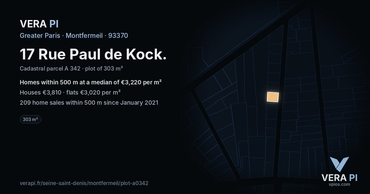 17 Rue Paul de Kock, Montfermeil at night – the plot lit, the parcels around coloured by the prices near them