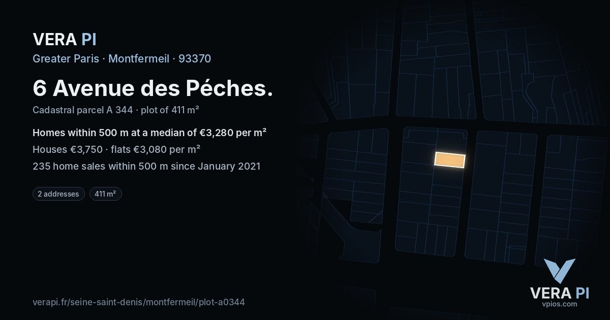 6 Avenue des Péches, Montfermeil at night – the plot lit, the parcels around coloured by the prices near them