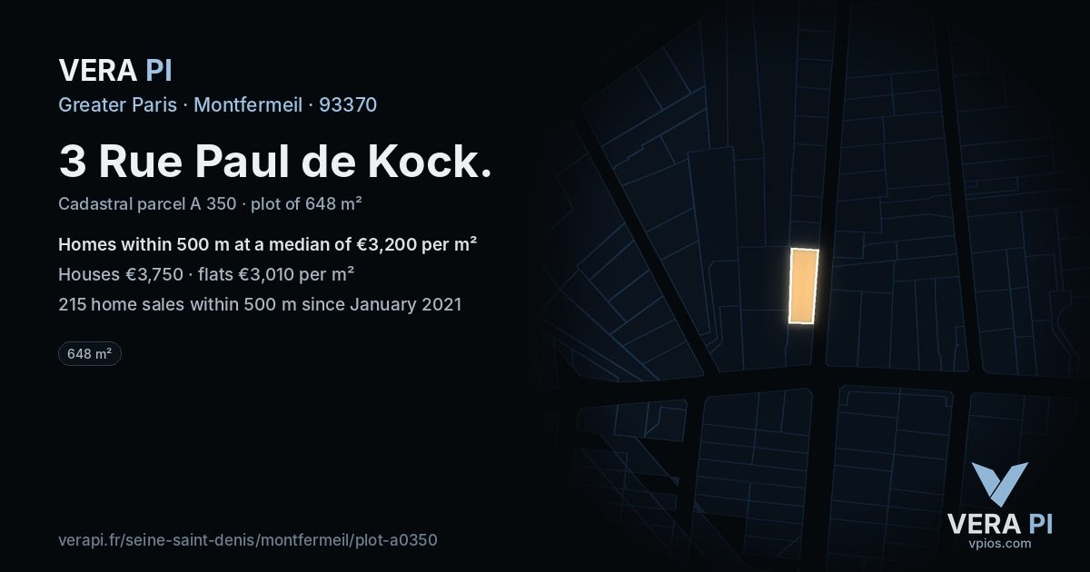 3 Rue Paul de Kock, Montfermeil at night – the plot lit, the parcels around coloured by the prices near them