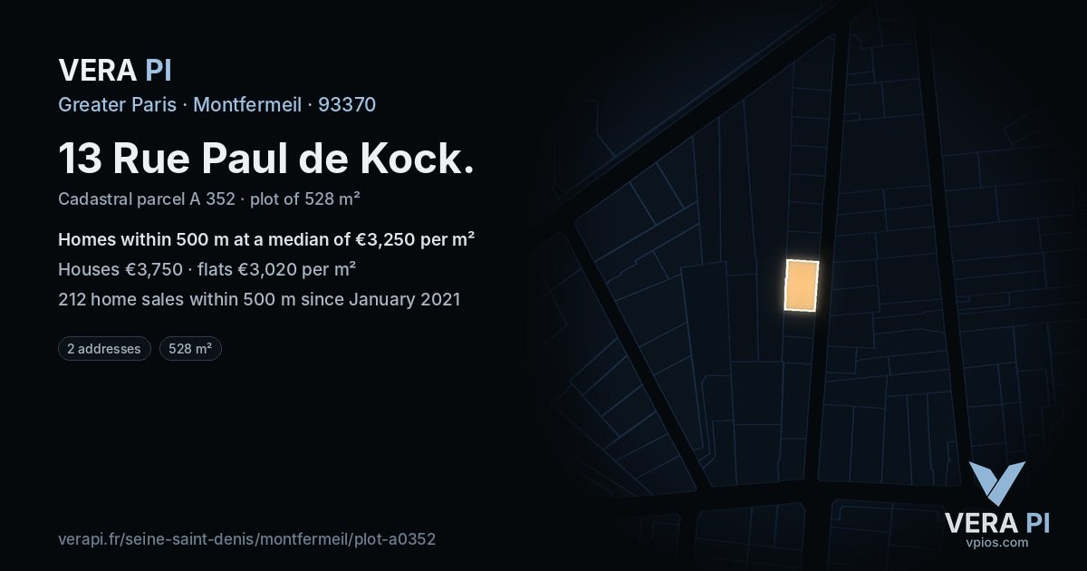 13 Rue Paul de Kock, Montfermeil at night – the plot lit, the parcels around coloured by the prices near them