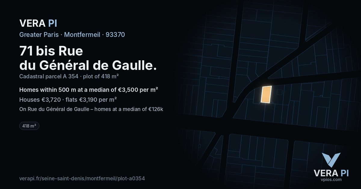 71 bis Rue du Général de Gaulle, Montfermeil at night – the plot lit, the parcels around coloured by the prices near them