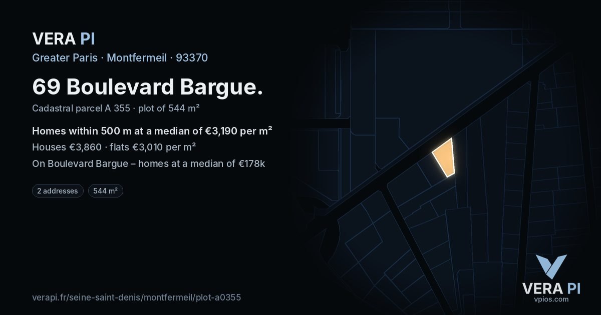69 Boulevard Bargue, Montfermeil at night – the plot lit, the parcels around coloured by the prices near them