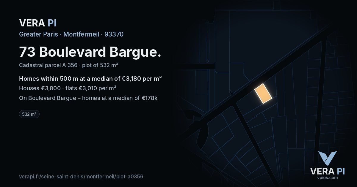 73 Boulevard Bargue, Montfermeil at night – the plot lit, the parcels around coloured by the prices near them