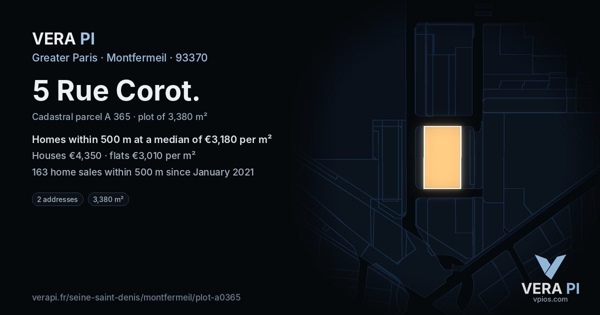 5 Rue Corot, Montfermeil at night – the plot lit, the parcels around coloured by the prices near them