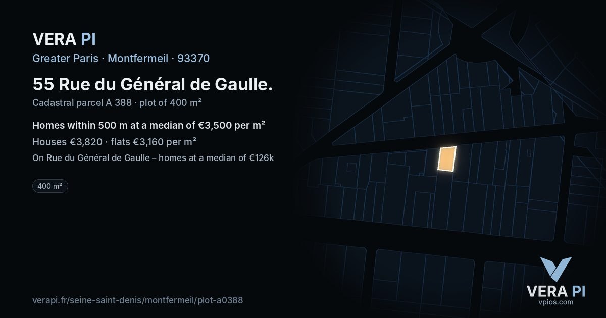 55 Rue du Général de Gaulle, Montfermeil at night – the plot lit, the parcels around coloured by the prices near them