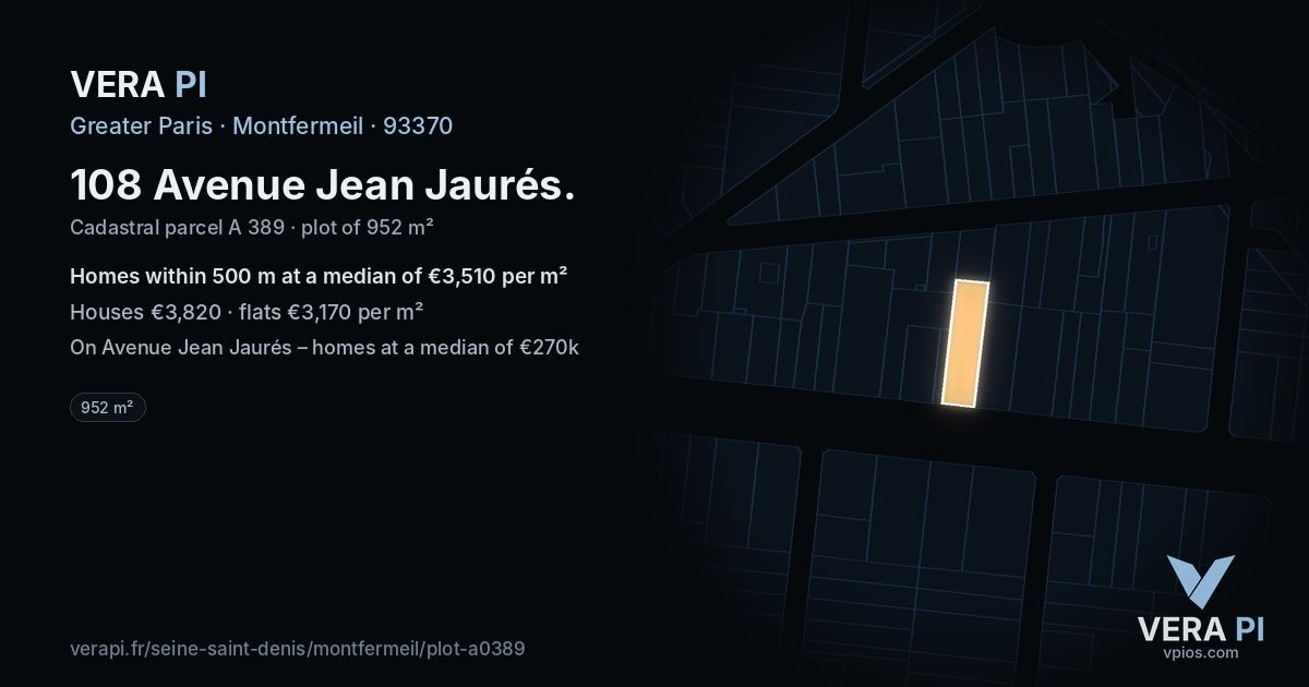 108 Avenue Jean Jaurés, Montfermeil at night – the plot lit, the parcels around coloured by the prices near them