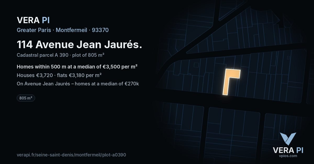 114 Avenue Jean Jaurés, Montfermeil at night – the plot lit, the parcels around coloured by the prices near them
