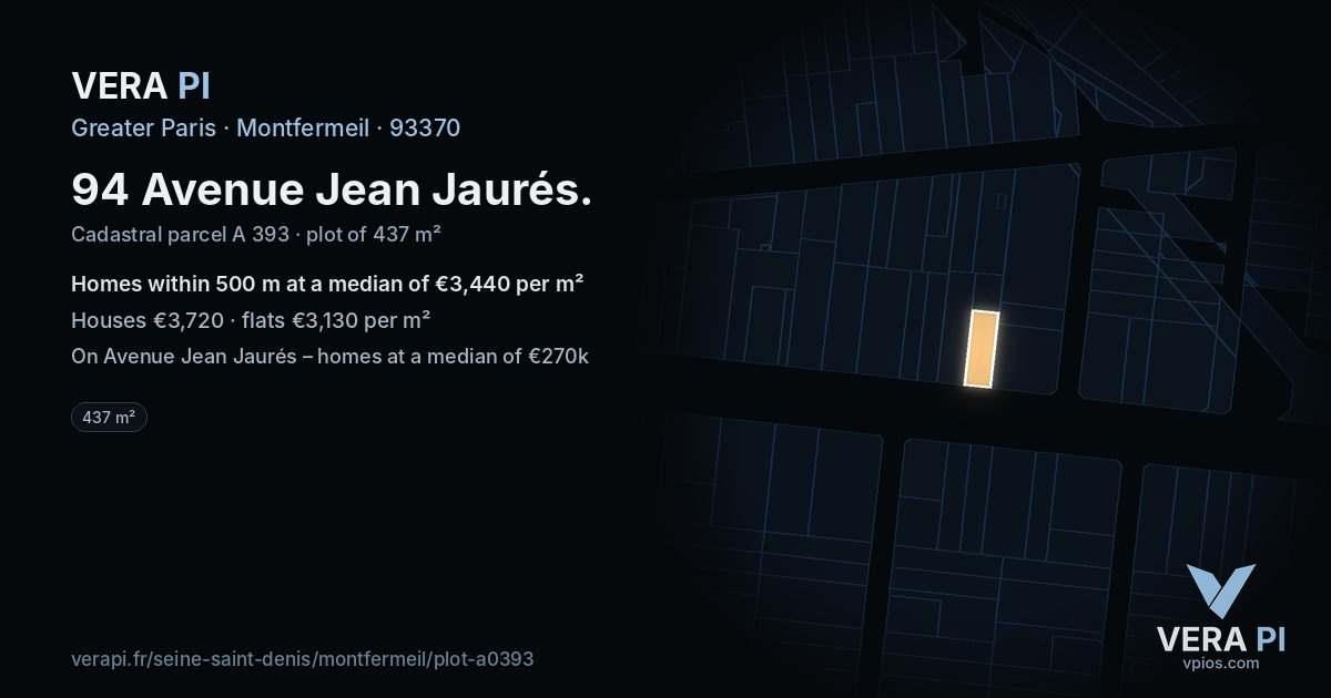 94 Avenue Jean Jaurés, Montfermeil at night – the plot lit, the parcels around coloured by the prices near them