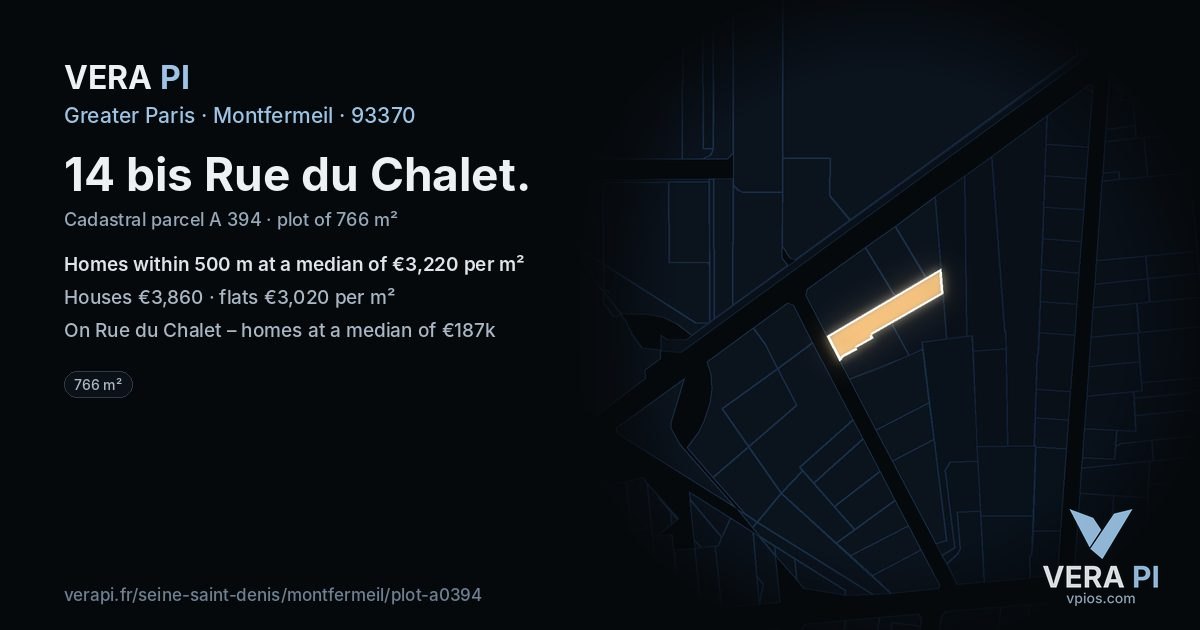 14 bis Rue du Chalet, Montfermeil at night – the plot lit, the parcels around coloured by the prices near them
