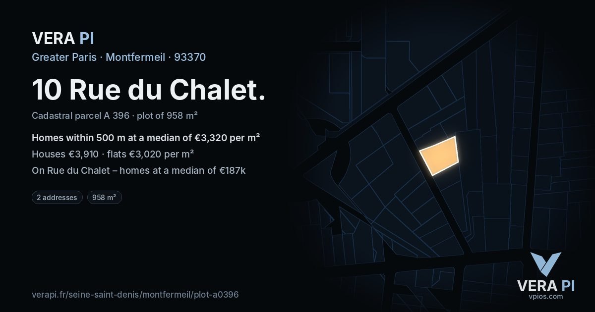 10 Rue du Chalet, Montfermeil at night – the plot lit, the parcels around coloured by the prices near them