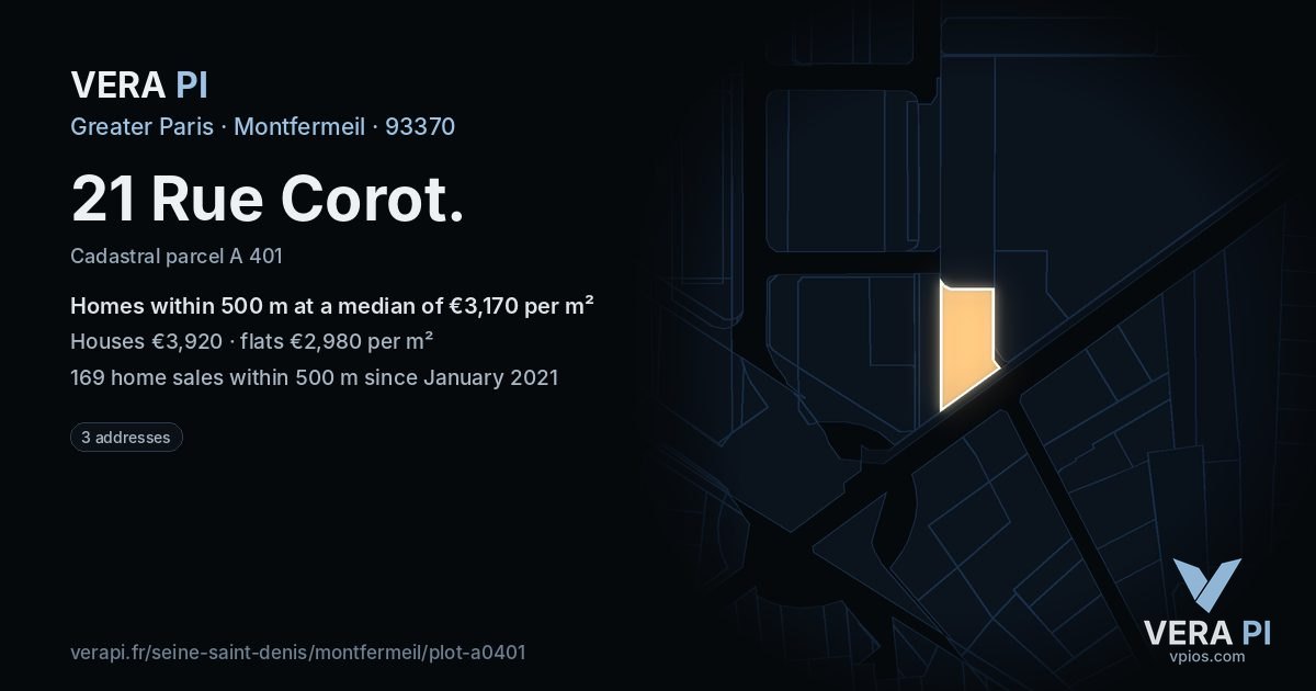 21 Rue Corot, Montfermeil at night – the plot lit, the parcels around coloured by the prices near them