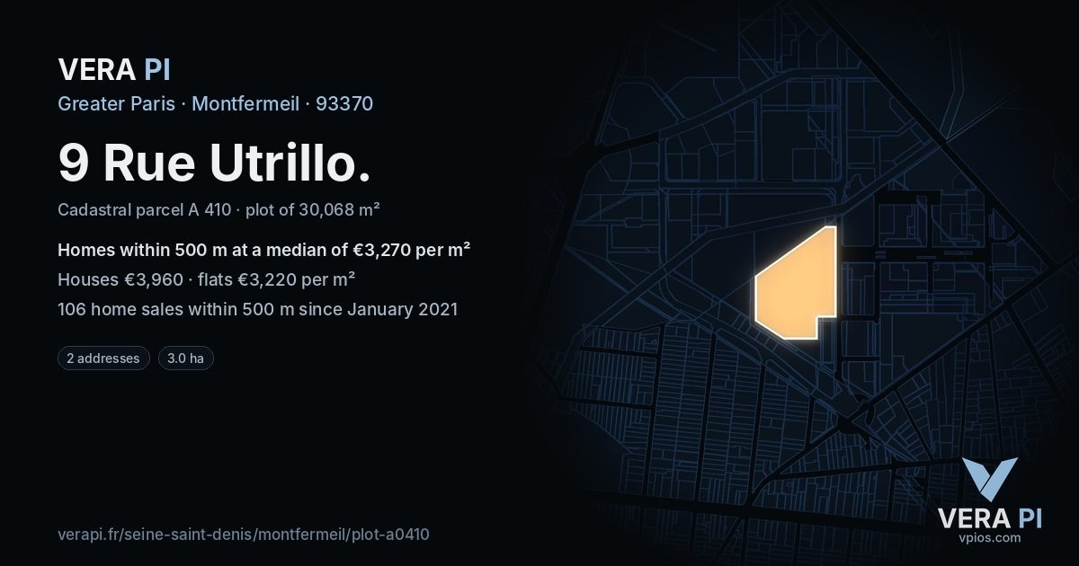 9 Rue Utrillo, Montfermeil at night – the plot lit, the parcels around coloured by the prices near them