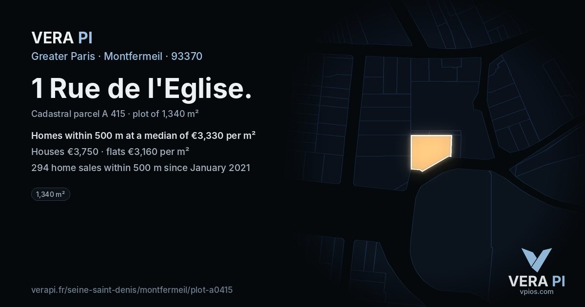 1 Rue de l'Eglise, Montfermeil at night – the plot lit, the parcels around coloured by the prices near them