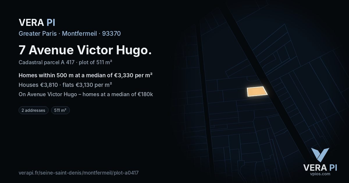 7 Avenue Victor Hugo, Montfermeil at night – the plot lit, the parcels around coloured by the prices near them