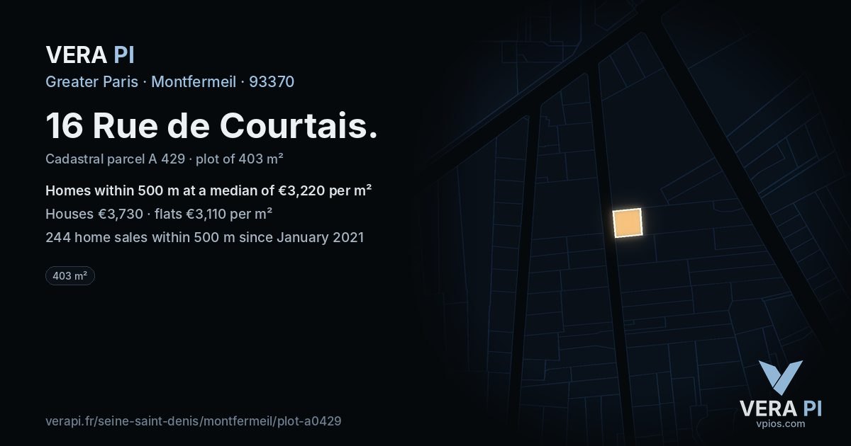 16 Rue de Courtais, Montfermeil at night – the plot lit, the parcels around coloured by the prices near them