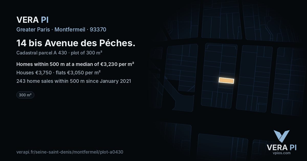 14 bis Avenue des Péches, Montfermeil at night – the plot lit, the parcels around coloured by the prices near them