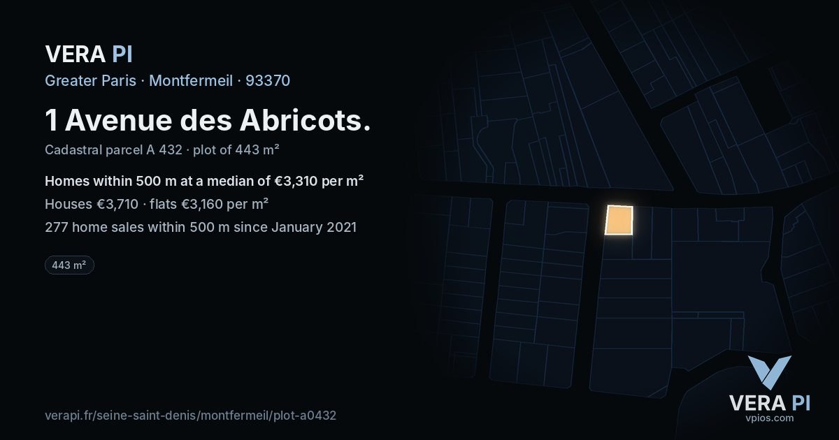 1 Avenue des Abricots, Montfermeil at night – the plot lit, the parcels around coloured by the prices near them