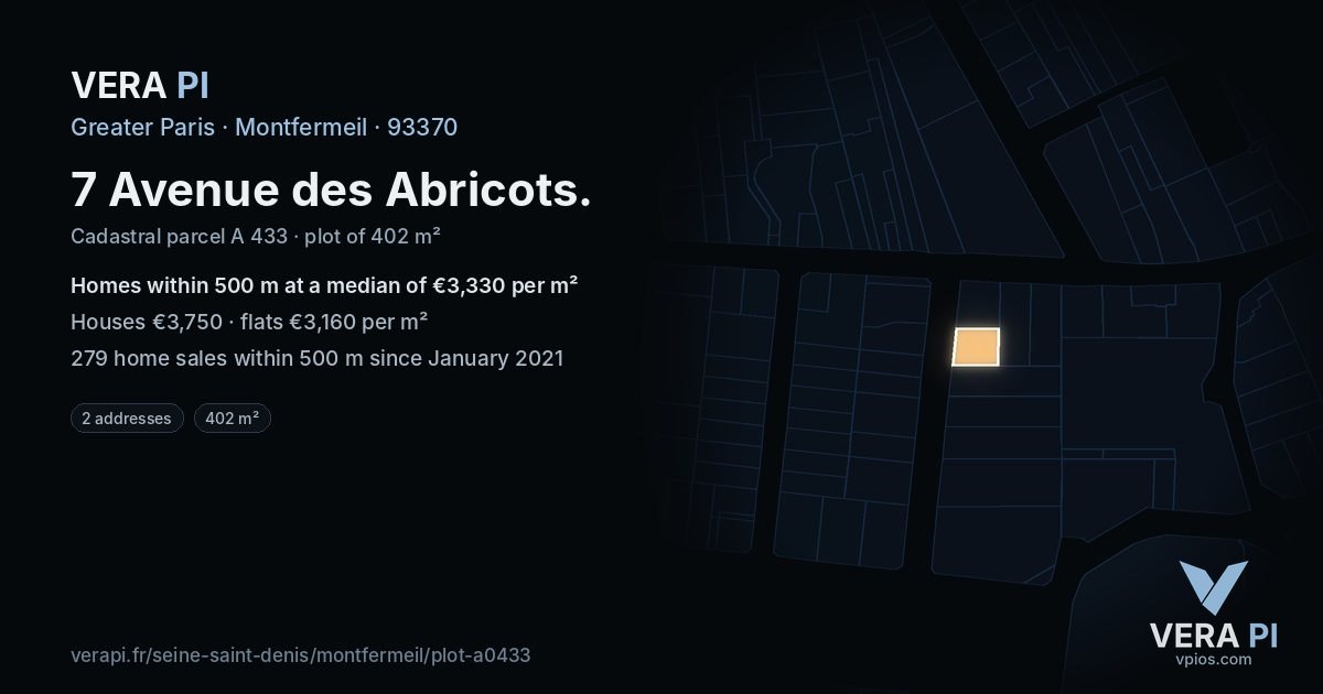 7 Avenue des Abricots, Montfermeil at night – the plot lit, the parcels around coloured by the prices near them