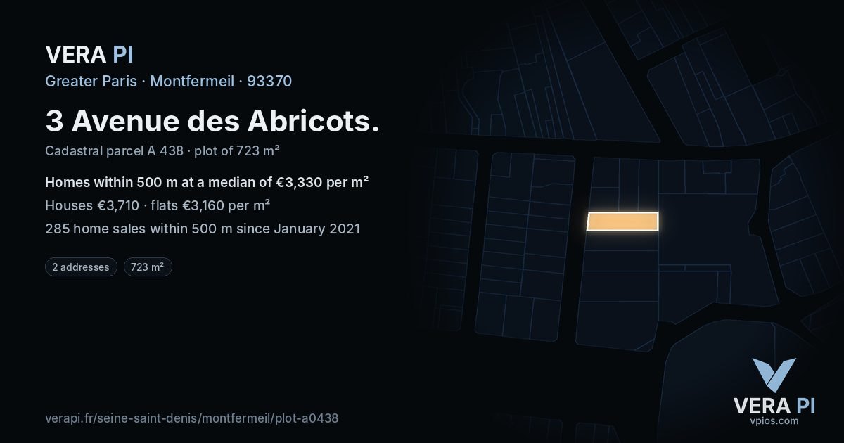 3 Avenue des Abricots, Montfermeil at night – the plot lit, the parcels around coloured by the prices near them