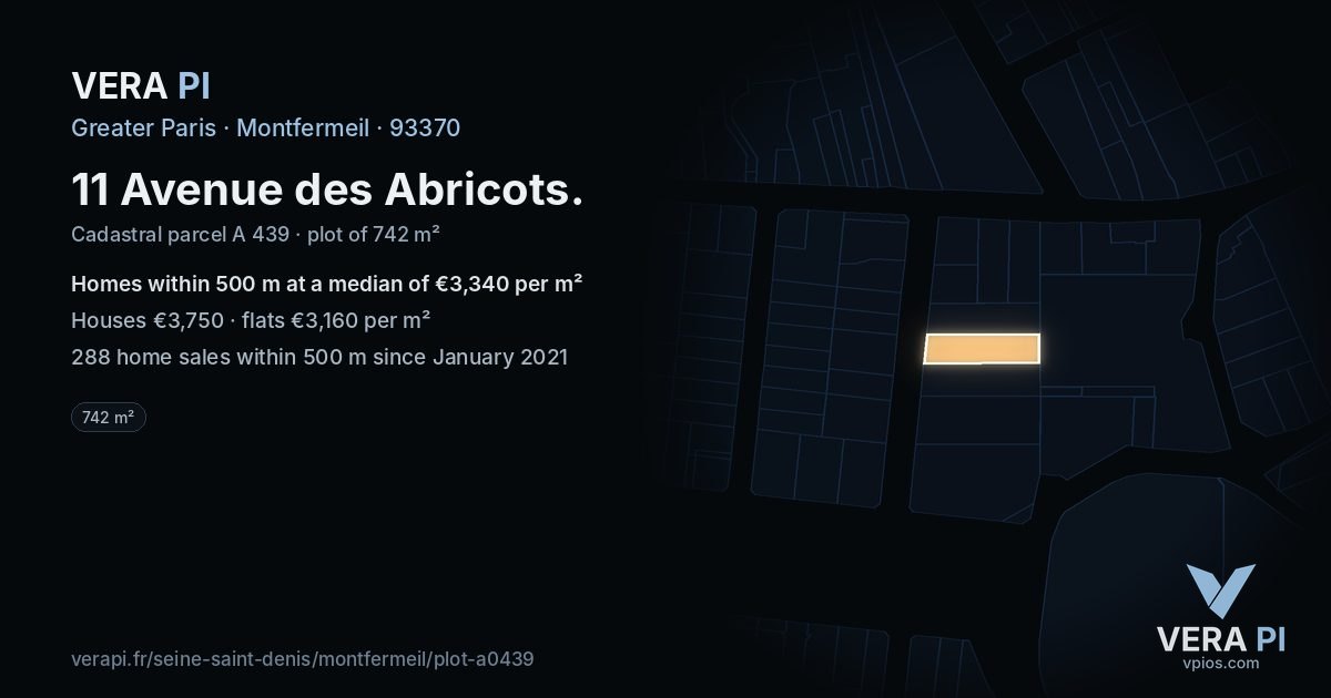 11 Avenue des Abricots, Montfermeil at night – the plot lit, the parcels around coloured by the prices near them
