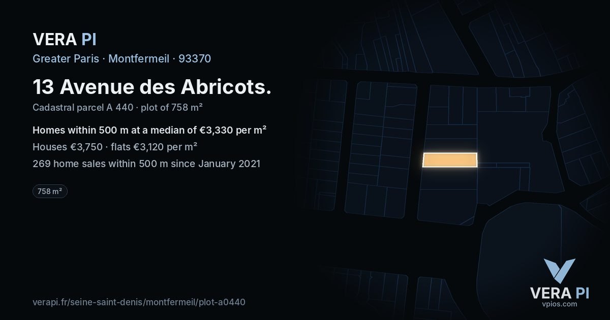 13 Avenue des Abricots, Montfermeil at night – the plot lit, the parcels around coloured by the prices near them