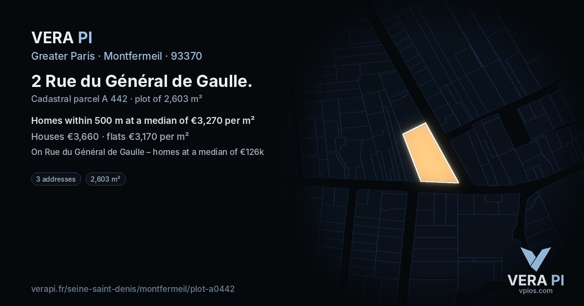 2 Rue du Général de Gaulle, Montfermeil at night – the plot lit, the parcels around coloured by the prices near them