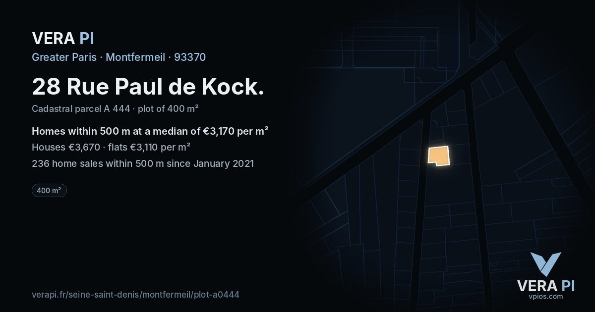 28 Rue Paul de Kock, Montfermeil at night – the plot lit, the parcels around coloured by the prices near them