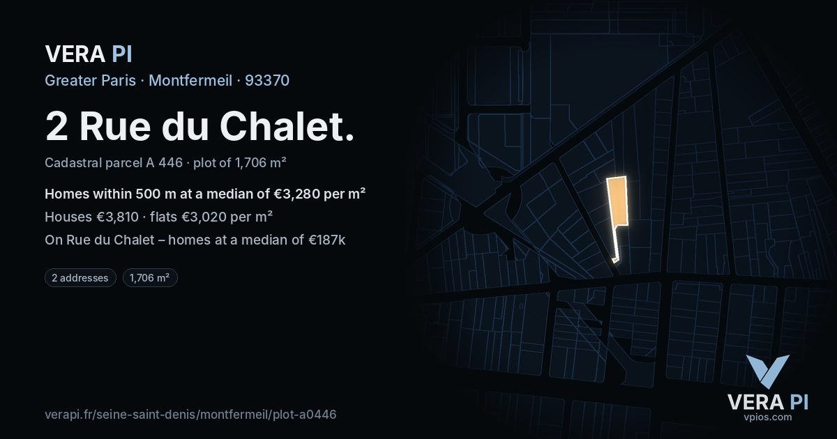 2 Rue du Chalet, Montfermeil at night – the plot lit, the parcels around coloured by the prices near them
