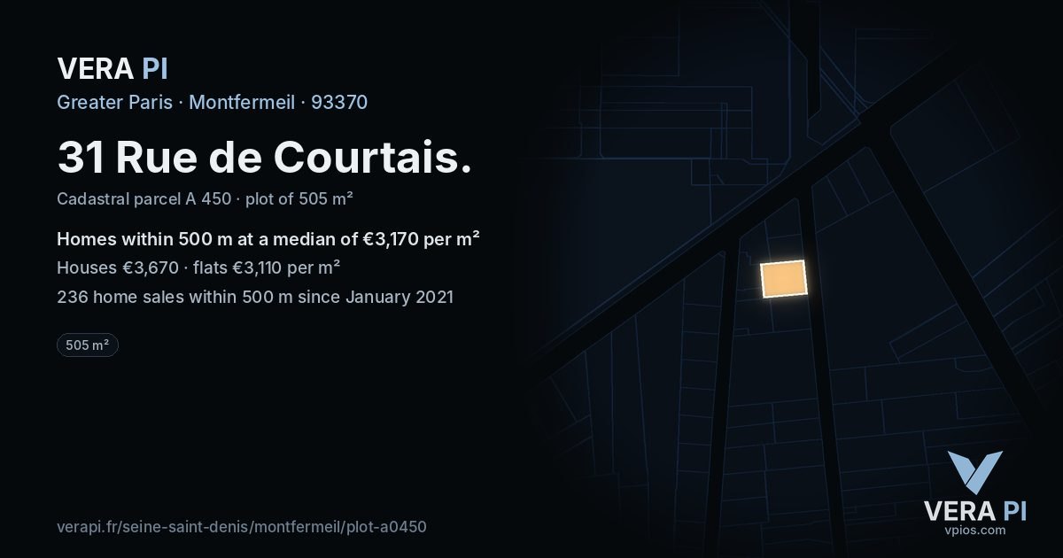 31 Rue de Courtais, Montfermeil at night – the plot lit, the parcels around coloured by the prices near them